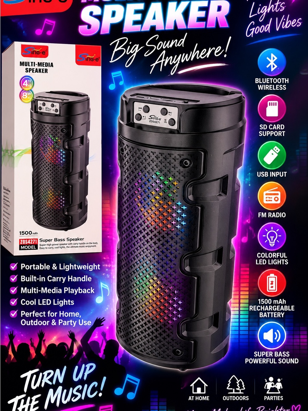 Single Portable Bluetooth Speaker with Colorful LED Lights - Black